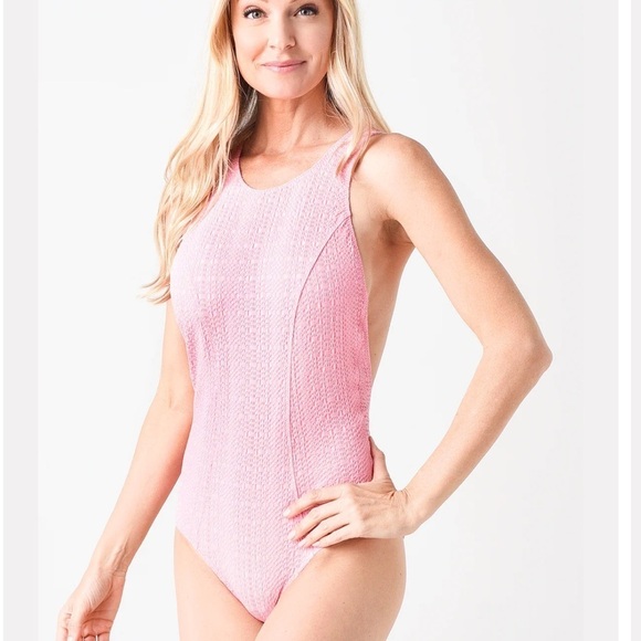 🛍️NWT Lisa Marie Fernandez High Neck Open Back Crepe Button Seersucker Swimsuit - Picture 4 of 13